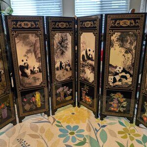 Miniature Oriental 6 Folding Panel Screen Black Lacquered Pandas